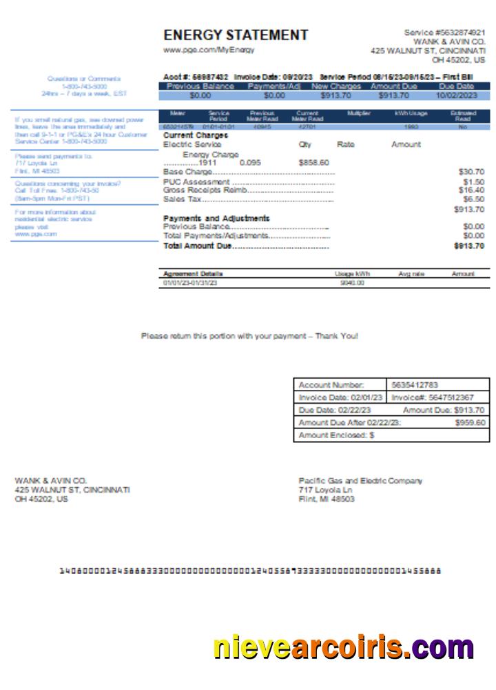 California PG&E (Pacific Gas and Electric Company) utility business bill